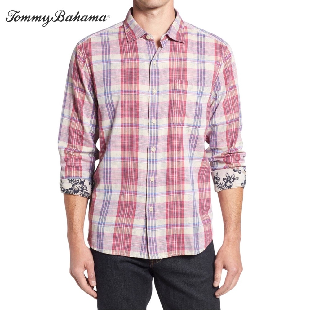 Tommy Bahama Mens XL Plaid Long Sleeve Shirt Floral Cuff‎ Flip Print